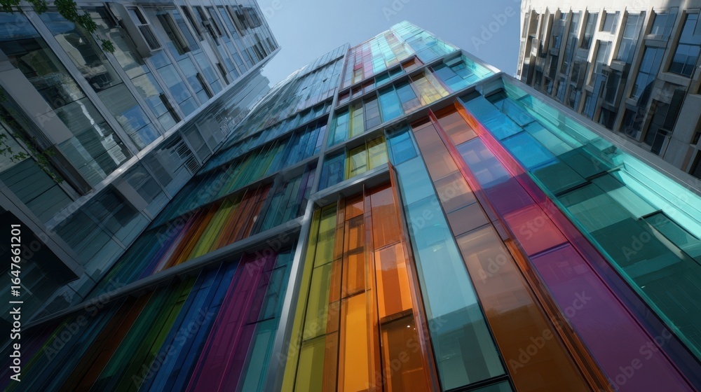 Poster low angle view of a vibrant, multicolored building exterior featuring an array of glass panels refle