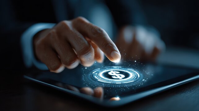 close up and side view of businessman hands using and pointing at tablet or smartphone with creative glowing round dollar chart hologram on blurry background  no logos no brands ar 169