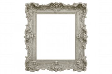 Silver vintage picture frame with ornate baroque decoration on a transparent background, creating a classic and elegant presentation