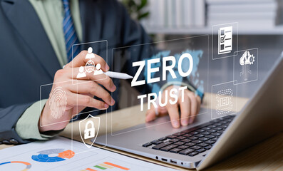 Businessman interacting with global Zero Trust security interface. AI network access, cloud data...