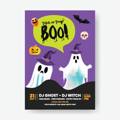 Fun Spooky Halloween Kids Party Flyer – Scary Pumpkin, Bat, Ghost, and Spider Trick or Treat Poster Editable A4 Leaflet Illustration Template