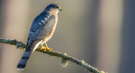 Elegant wildlife portrait of an Accipiter hawk (Sharp-shinned or Cooper's Hawk) displaying classic raptor poise on a natural branch perch. 