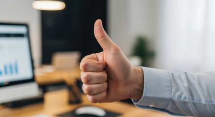 Thumbs up hand gesture in office setting A sign of approval and positive feedback.