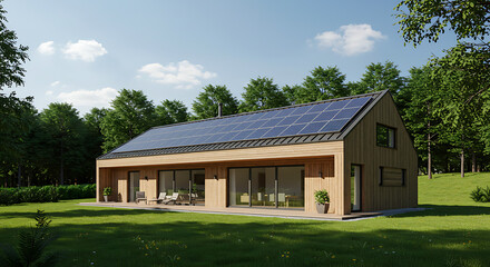 Fototapeta premium Modern eco-friendly house with solar panels and glass walls, nestled in a serene countryside at sunset.