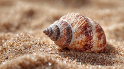 Close-Up of a Spiral Shell on Sandy Beach Shoreline