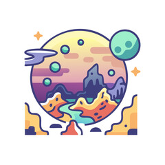 Stylized colorful vector artwork illustration of an alien planet landscape design