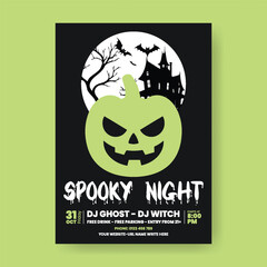 Halloween Night Party Invitation Poster or Flyer Editable A4 template with Scary Pumpkin, Haunted House Illustration Background, Trick or Treat Leaflet, Brochure design 
