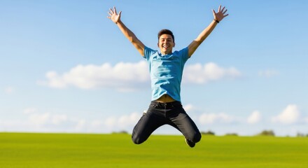 Happy young man jumping for joy in a green field with arms raised against a blue sky, feeling free and successful.