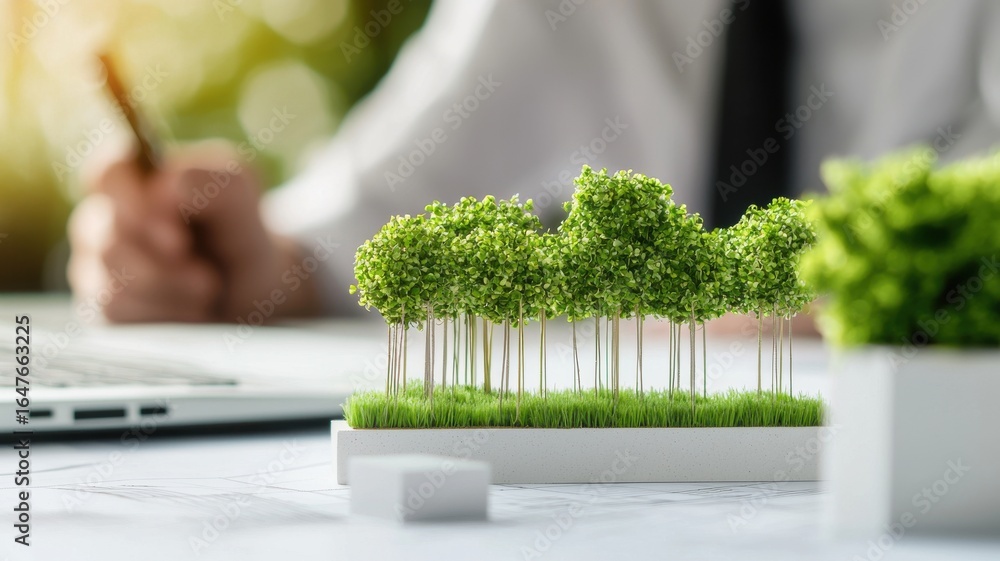 Poster a miniature model of trees on a workspace, symbolizing the integration of nature in design and plann