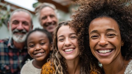 group of multigenerational people having fun together  multiracial friends of different ages smiling outdoor  main focus on african curvy girl face no logos no brands ar 169