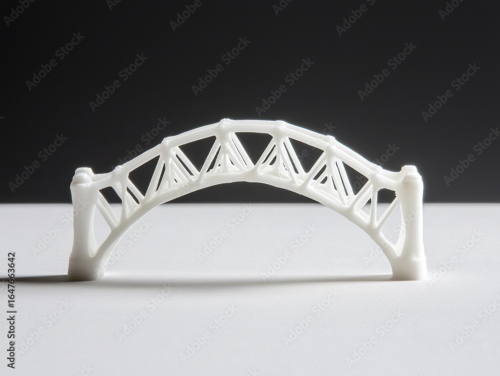 Poster a detailed 3d-printed model of a bridge showcasing intricate design and engineering features, set ag