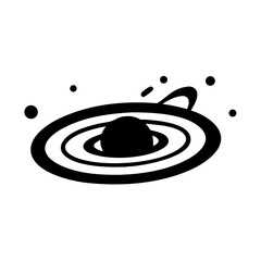 Stylized Black and White Depiction of a Ringed Planet and Other Celestial Objects