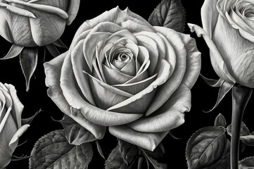 Black and White Rose Flowers with Detailed Petals and Leaves Artistic Floral Composition