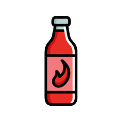 Cartoon hot sauce bottle icon with a flame emblem in red color