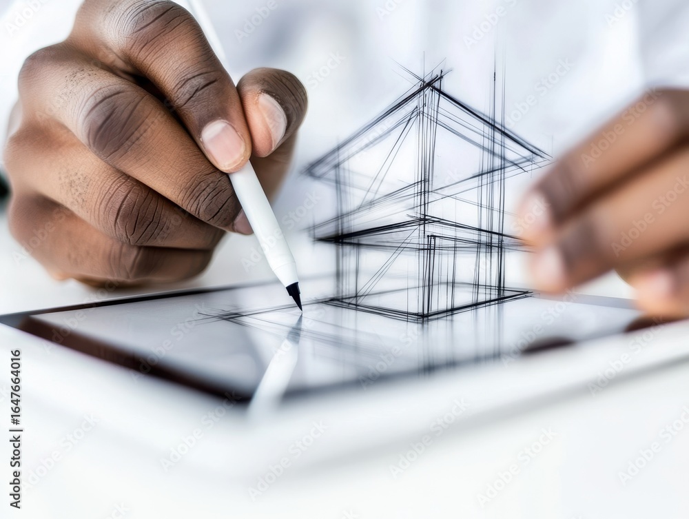 Poster engineer structural management concept. digital architectural sketching on a tablet by a designer.