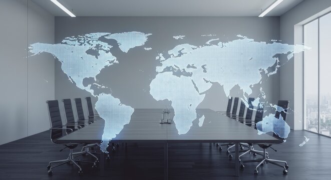 A conference room features a map on the wall a long table and office chairs