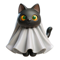Adorable black cat dressed as a ghost for halloween with big green eyes