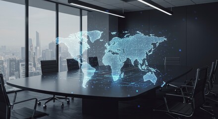 A modern office setting with a conference table overlaid with a blue digital world map graphic