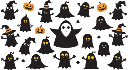 Obraz premium Halloween Ghosts and Witches with Pumpkins Silhouettes for Spooky Holiday Fun