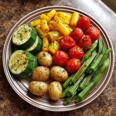 Homemade Tourlou oven-roasted mixed vegetables, featuring summer produce and tomatoes, cooked in olive oil and served warm on a plate.
