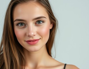 Fototapeta premium Portrait of a young woman with brown hair and light eyes smiling 