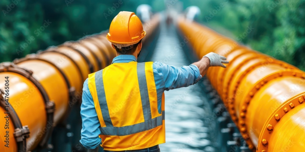 Poster engineer structural management concept. construction worker inspecting industrial pipeline system.