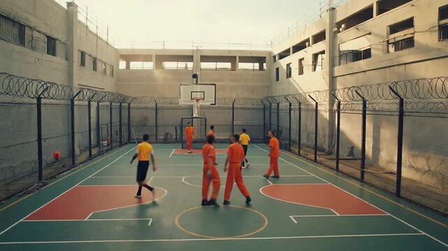 Prisoners playing basketball in prison.