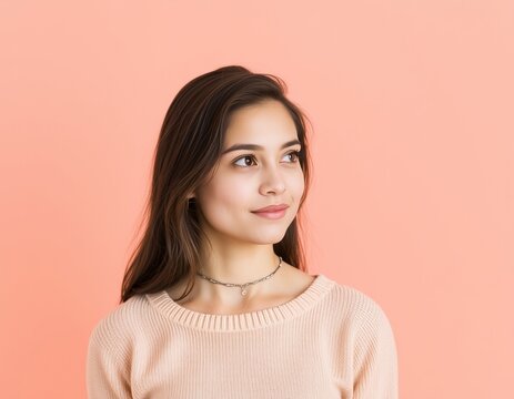 Portrait of a young woman with brown hair looking to the side