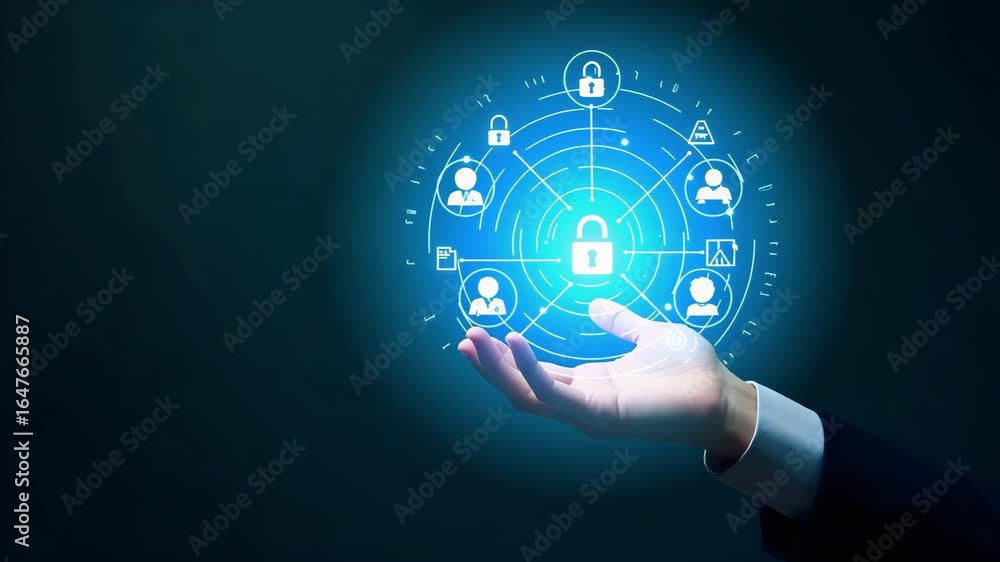 Poster flat hand holding holographic ai interface: showcasing data processing, communication, security & au