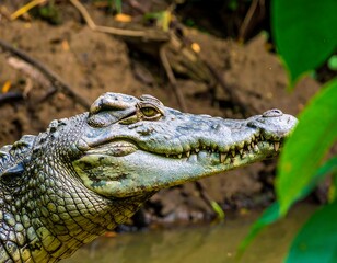Close-up of a crocodile head in a jungle setting