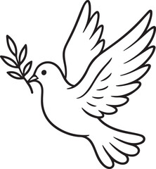 Flying Dove with Olive Branch Outline — Peace Symbol Vector Illustration