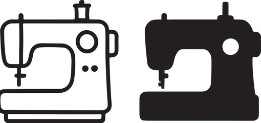 Sewing Machine Icons — Outline and Solid Silhouette Black and White Vector