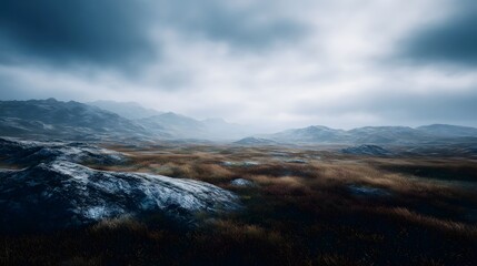 Vast snow covered Arctic tundra landscape with dramatic mountains in the distance