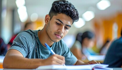 Realistic medium-shot from waist up of a focused Latin student studying at high school, natural skin tones, casual school attire, attentive and concentrated expression, vibrant colors, bright indoor l