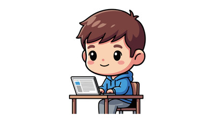 Cute cartoon boy at a desk using a laptop for internet e-learning, a kawaii student character VECTOR illustration for online education.
