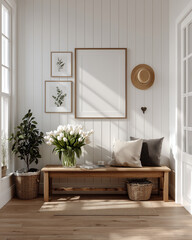 3 Frame mockup in light and airy entryway with white shiplap walls, wood bench, wicker baskets, white tulips, and decorative pillows | Bright farmhouse interior | Wall art or design showcase
