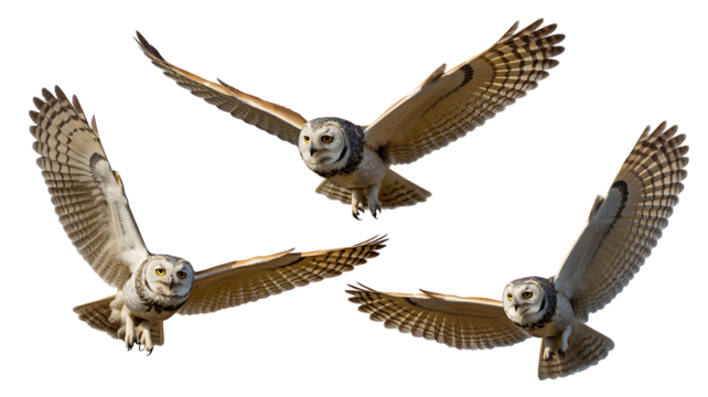 Three Majestic Owls Soaring Through the Sky with Wings Spread Wide, transparent background