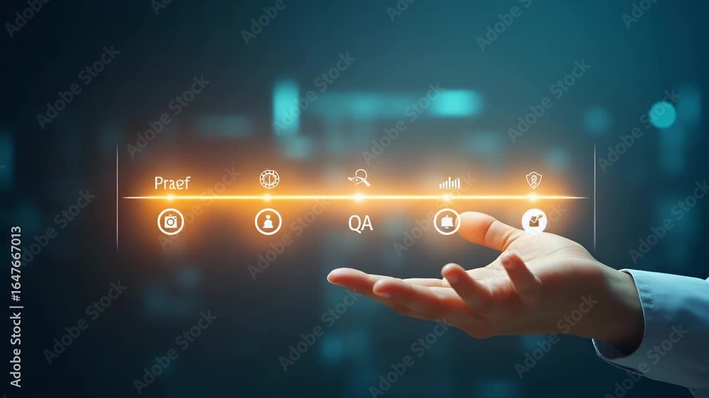 Poster hand adjusting holographic quality level slider from poor to excellent, showcasing qc and qa symbols