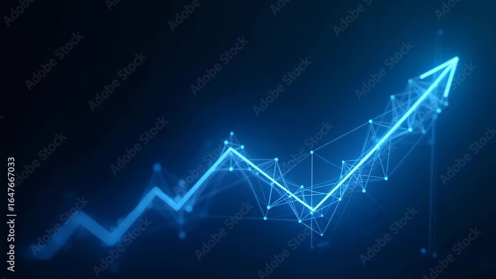 Poster abstract glowing blue growth chart: low polygon wireframe with light connections - ideal for busines