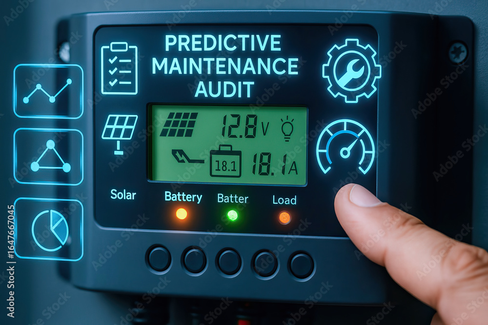 Aufkleber predictive maintenance audit panel with digital display showing voltage and current readings, illumi