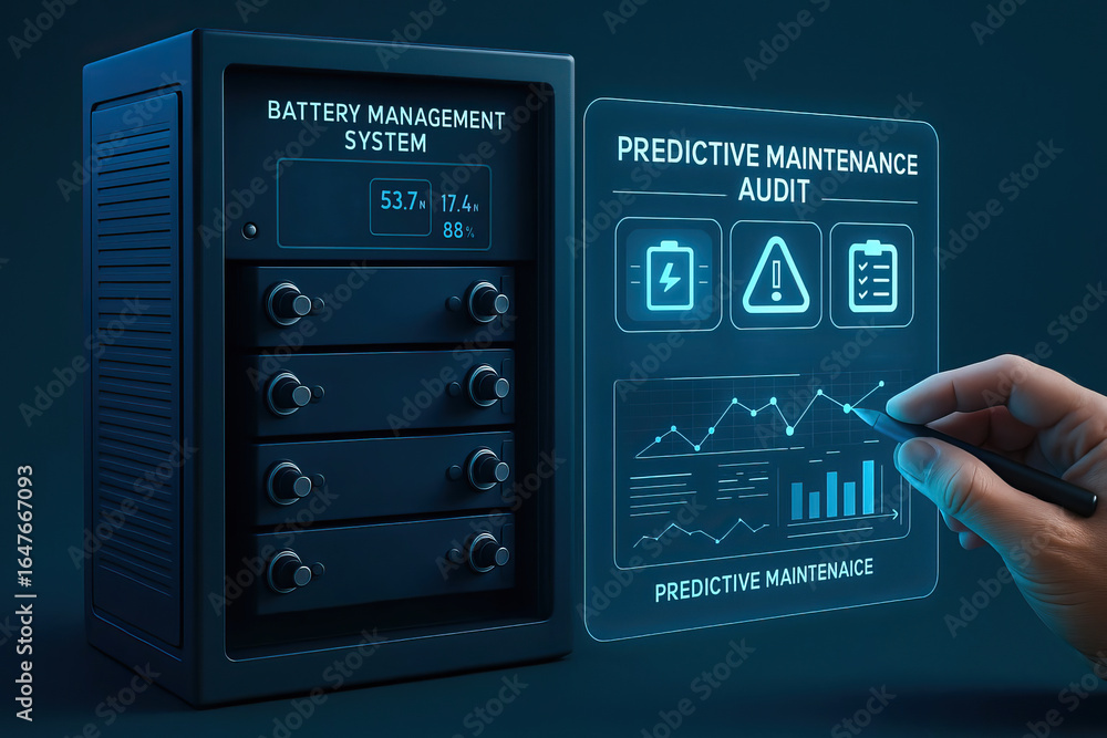 Aufkleber battery management system with predictive maintenance audit and data analysis, showing futuristic te