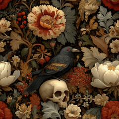 Raven and skull floral pattern | blackbird perched on skull among sepia peonies and fall foliage on black background | gothic folk aesthetic | fabric or wallpaper