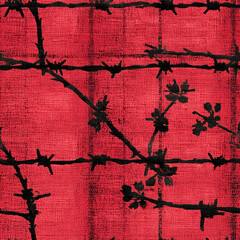 Barbed wire silhouette pattern | black barbed branches on red linen texture | punk grunge aesthetic | fabric design