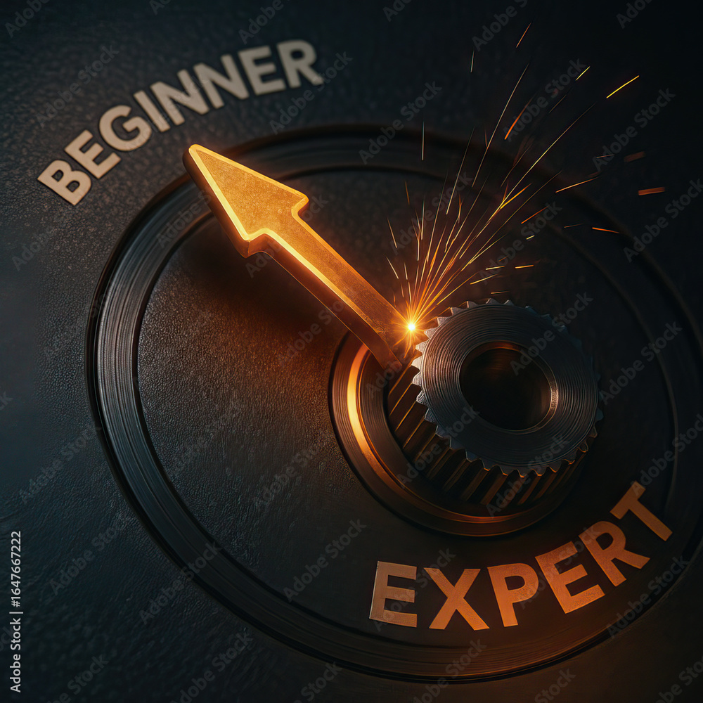 Aufkleber beginner expert dial with glowing arrow and sparks, symbolizing progress and skill development in da
