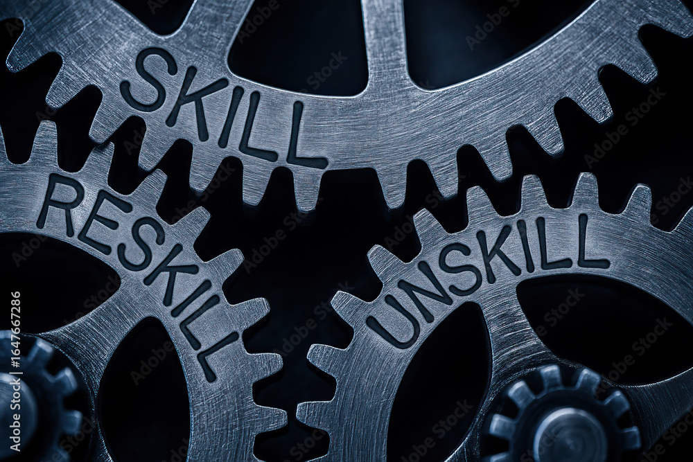 Poster skill gear with reskill and unskill text on metal cogwheels, concept of learning and development