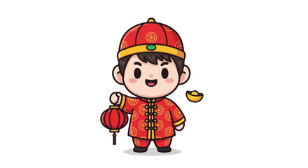 Cute Tionghoa boy in traditional costume holding a red lantern for Chinese New Year celebration, kawaii character VECTOR illustration.