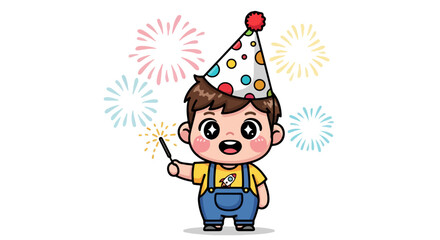 Cute cartoon boy celebrating a birthday with a sparkler and fireworks, a happy kid in a party hat, isolated kawaii character VECTOR illustration.