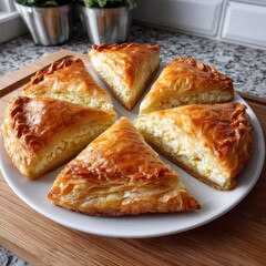Golden-brown baked Tyropita, delicate phyllo layers wrapped around savory feta cheese.