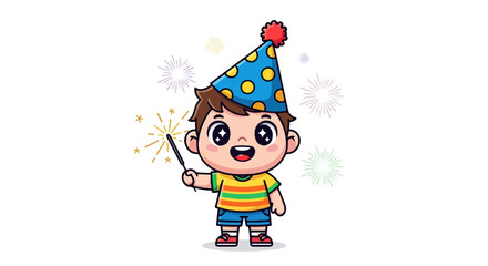 Naklejka premium VECTOR Delight A Cheerful Boy Celebrating with a Sparkler