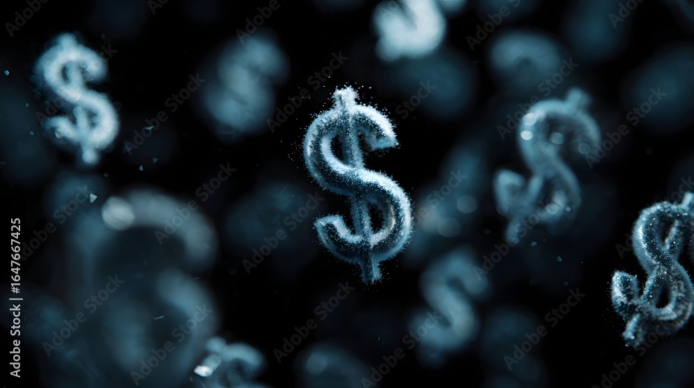 Poster digital dollar symbols floating with tech lighting and sharp focus
